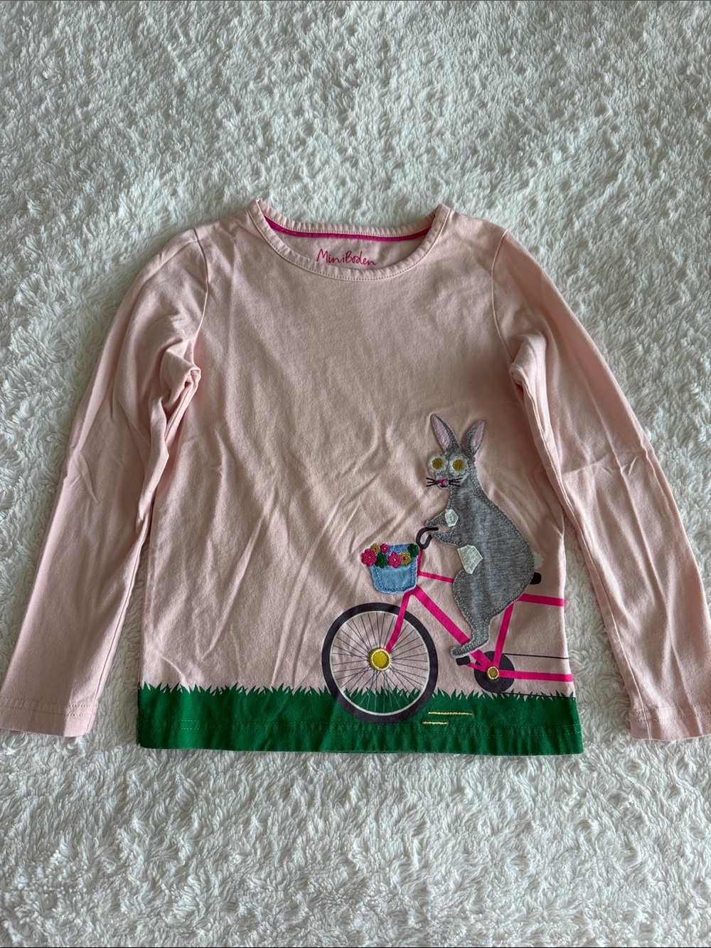 Mini Boden girls size 7-8 pink long sleeve knit shirt bunny guinea pig biking